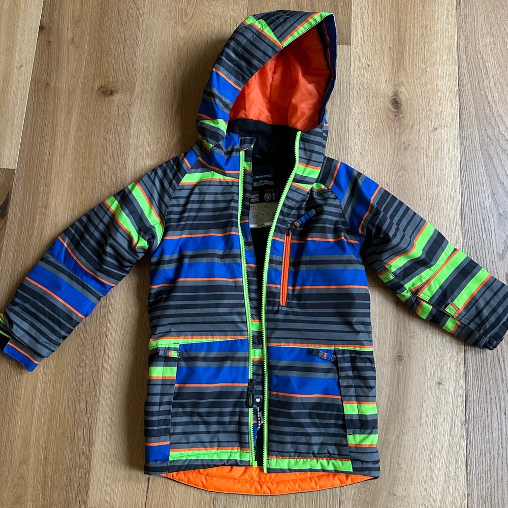 686 Boys Jinx insulated Striped Hooded Snowboard/Ski Jacket with Bright Accents
